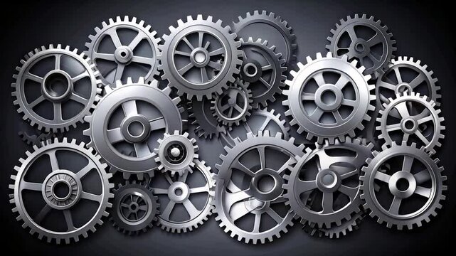 Interlocking metallic gears in varying sizes overlap, abstract design