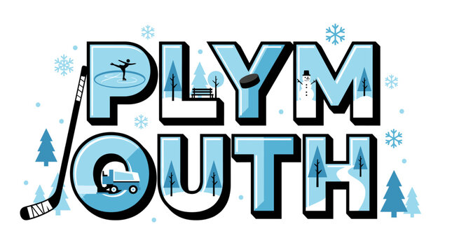 Plymouth city name with winter sports elements vector illustration