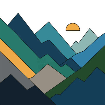 Colorful abstract illustration of mountains and sun, minimal design