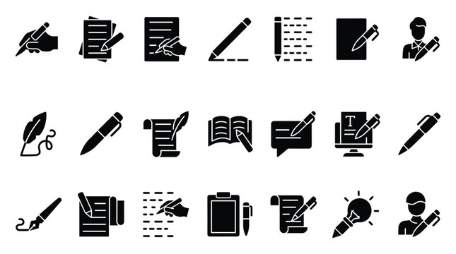 Set of black vector icons with writing, editing, and education symbols on transparent background