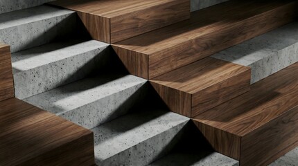 Abstract Architectural Geometric Pattern of Interlocking Wood Blocks and Concrete Stairs, Top View Modern Design Background