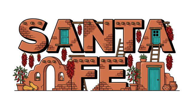 Santa Fe New Mexico typography with adobe architecture vector illustration
