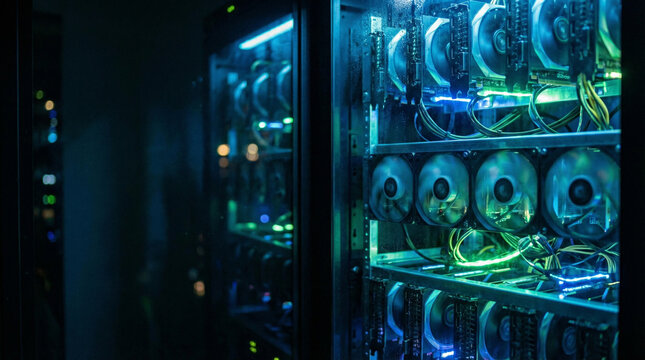 Close-up of high-performance servers with cooling fans and glowing cables in a data center, representing cloud computing, AI infrastructure, blockchain processing, and modern digital technology.