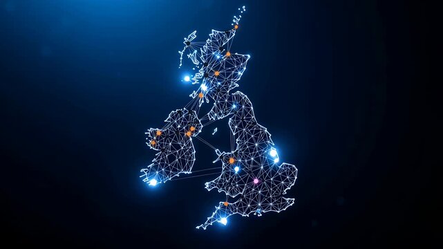 uk map network glow, digital connections across great britain