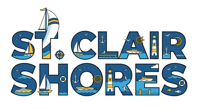 St. Clair Shores nautical typography and maritime scene vector illustration