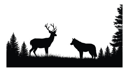A deer and a wolf in a forest clearing isolated on white background, Vector
