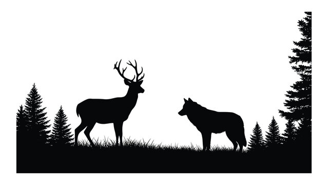 A deer and a wolf in a forest clearing isolated on white background, Vector