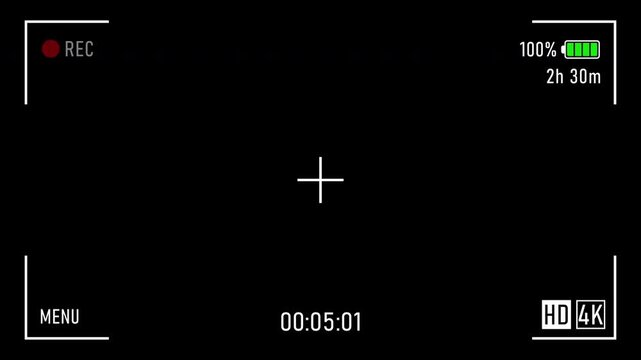 Camera recording viewfinder interface with rec indicator battery level timecode and 4k resolution isolated for cinema video overlay. Alpha channel