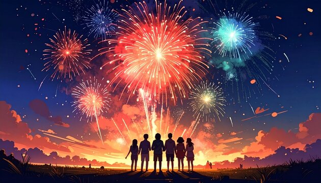 Silhouette of a group of people watching colorful fireworks explode in the night sky during a vibrant sunset with scattered clouds.