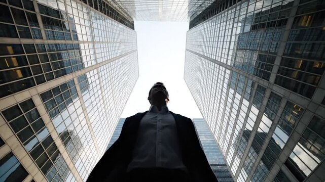 Low-angle shot of a man in a business suit and cape standing between two skyscrapers in a cityscape with a bright sky.