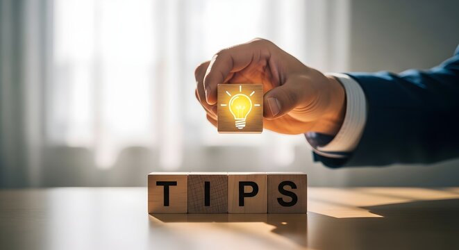 Effective Creative Secrets: The Glowing Light Bulb Icon on a Wooden Block "TIPS" &ndash; A compilation of helpful tips, innovative ideas, and smart solutions to boost your daily productivity.