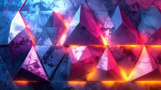 Abstract geometric wall featuring illuminated triangles in neon hues