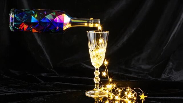 Colorful bottle pouring liquid into a glass with string lights, black background