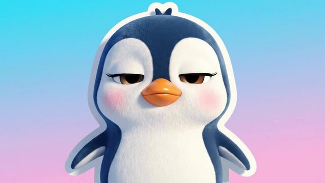 Cute cartoon penguin character blinking and smiling in cinematic motion graphics
