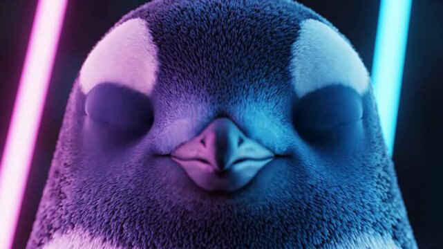 Cute animated penguin headshot with neon light background and expressive motion