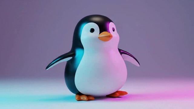 Cute cartoon penguin character waddling in a seamless loop animation with studio lighting
