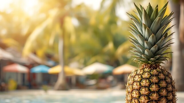 Vibrant Tropical Pineapple in Sunlit Market Scene with Colorful Parasol Shade
