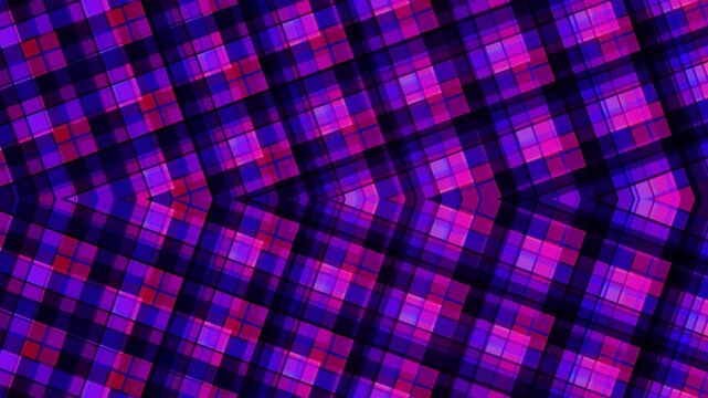 Vibrant purple and pink plaid pattern with intersecting lines and squares on a dark background, creating a dynamic geometric design.