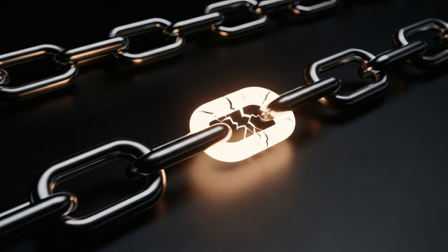 Illuminated Vulnerability A Glowing, Fractured Link Highlights the Critical Weakness in a Robust System, Symbolizing a Breaking Point or a Key Moment of Change.