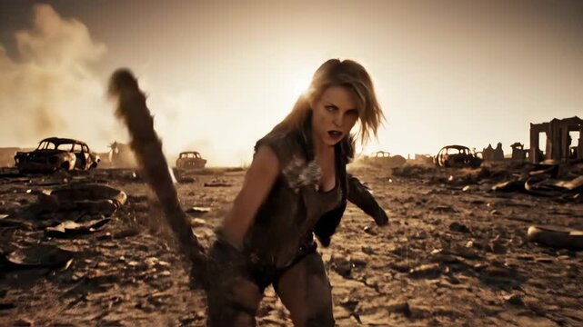 Apocalyptic Wasteland Warrior: Empowered Woman Walking Through Desolate Landscape of ruined cars