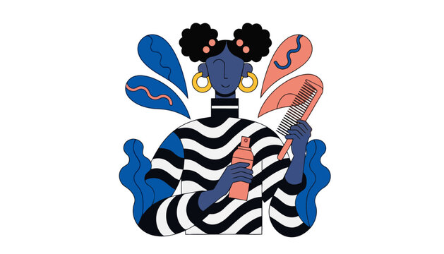 Woman with afro hairstyle holding hair products and comb