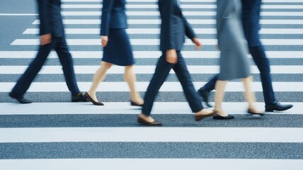 Business people walking across a striped pedestrian crosswalk in formal attire