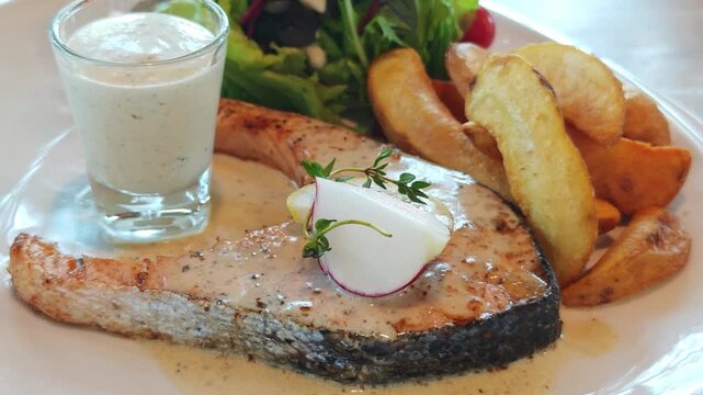 Salmon steak with vegetable salad