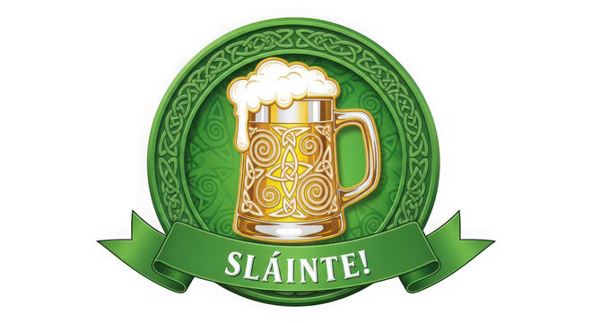 Celtic Beer Mug Badge with Sl&aacute;inte Text, Green Irish Ornament Emblem for St Patrick&rsquo;s Day Celebration