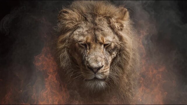 Majestic Lion Portrait with Fiery Smoke