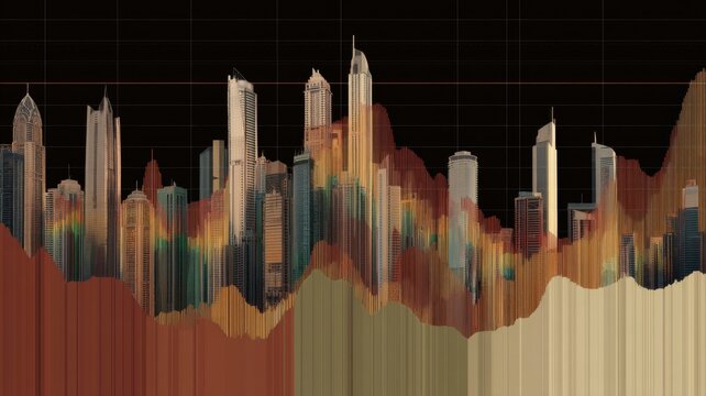 Tje urban real estate crisis, Abstract city skyline with vertical lines and earth-tone color gradients