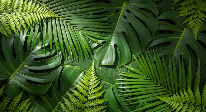 Lush green tropical fern leaves texture close-up in vibrant natural sunlight