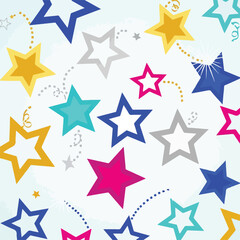 Fototapeta premium Colorful, cartoon stars scattered across a light blue background