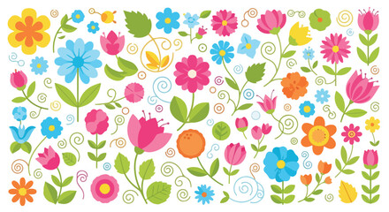 Fototapeta premium Colorful, cartoon-style flowers and leaves in various shapes and colors on white