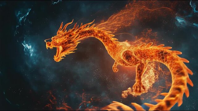 Fiery Dragon Flying in Dark Space