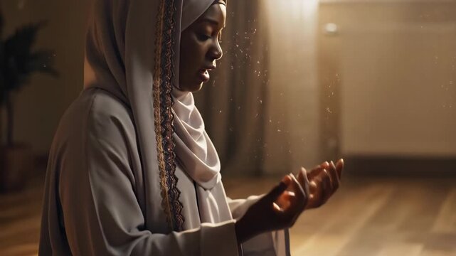 Black Muslim Woman in Deep Prayer, Spiritual Connection and Tranquility, Contemplation and