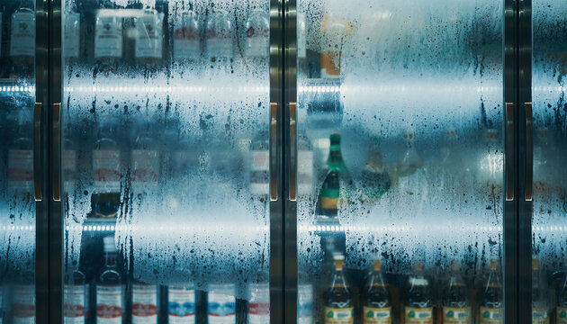 Chilled beverages in a commercial cooler with condensation on the glass doors, illuminated by bright interior lights