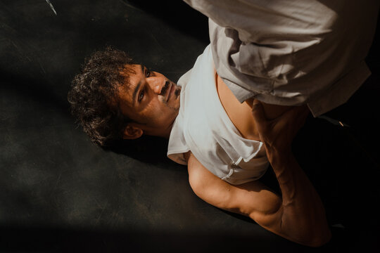 Intense Concentration During Yoga Inversion