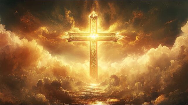 Glowing Golden Cross in Heavenly Clouds