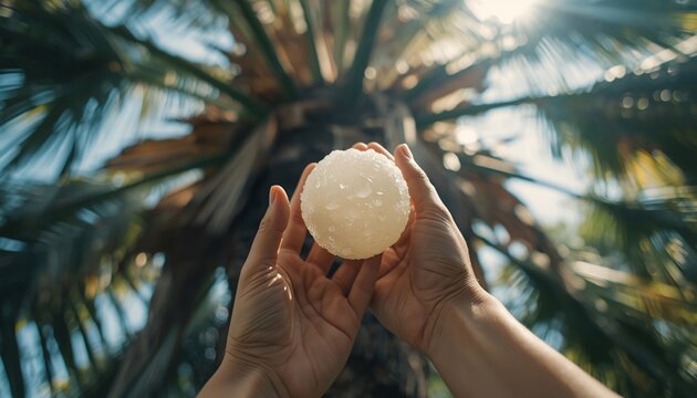 Hands Wearing Garden Gloves picking Tadi Gola (Ice Apple)
