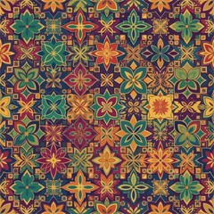 Colorful floral pattern with overlapping shapes and a tiled effect