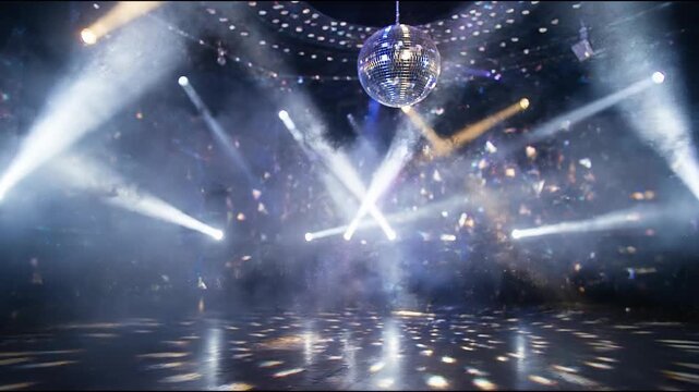 Vibrant disco ball light beams and bright spotlight rays pierce smoke across textured club floor. An energetic party atmosphere fills memorable night stage