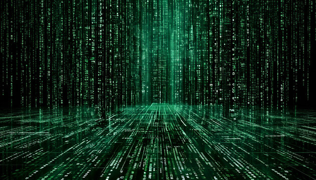 Digital Matrix Code Rain Background Illustration with Flowing Data Stream