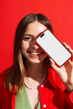 Mockup phone with white screen.  Woman in red 
