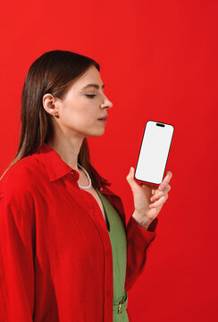 Mockup phone with white screen.  A stylish woman in red 