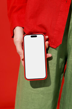 Mockup phone with white screen. Red and Green clothes
