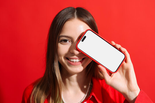 Mockup phone with white screen.  Woman in red 