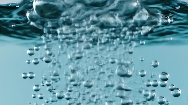 Aqua liquid filled with bubbles rising to the surface with a blurred background