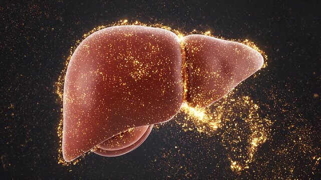 A realistic human liver rendered with glowing particles, symbolizing biological activity and vital functions.
