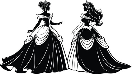 Black and white vector silhouette of two elegant princess characters in ornate ball gowns with tiaras for fairytale wedding and royal branding © MdAnowarHossain