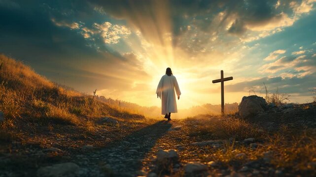 Spiritual Scene of Christ and Cross on Hill